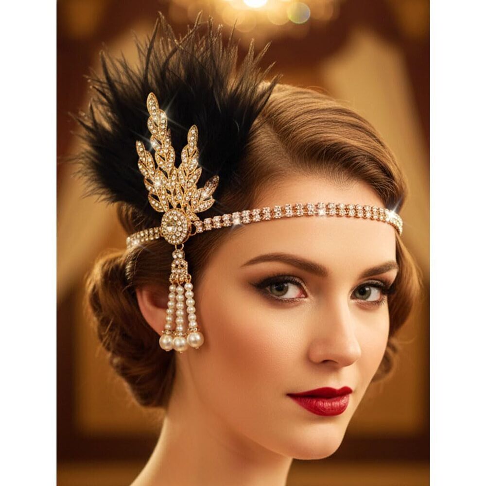 1920s Flapper Feather Headband Leaf Rhinestones Headpiece Pearl Roaring